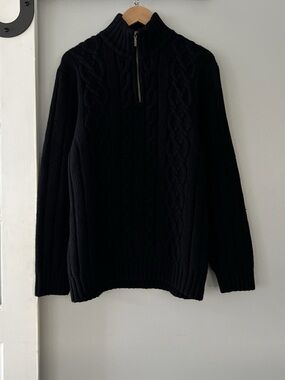 Cherokee Cable Knit Quarter-Zip Sweater Black XL Lambs’ Wool/Nylon Blend